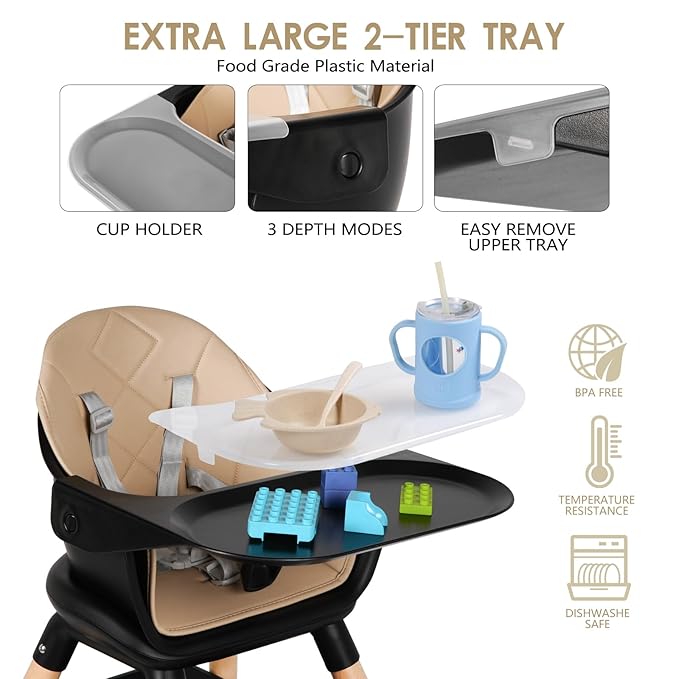 6 in 1 Baby High Chair, Convertible Wooden High Chairs/Booster Seat for Babies and Toddlers, Baby Feeding Chair with 5-Point Harness/Double Removable Tray & Adjustable Footrest (Black)