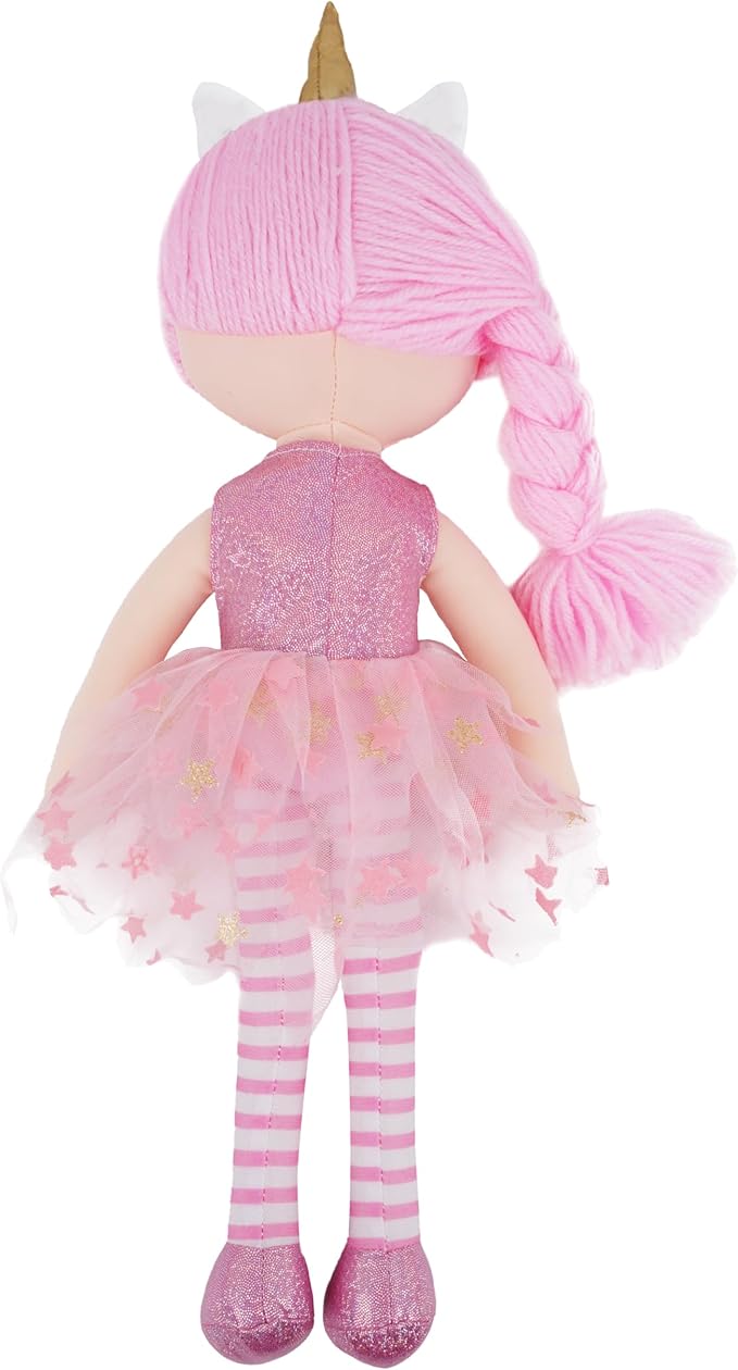 June Garden 16" Unicorn Doll Anya - Pink Hair Plush Rag Doll for Toddler Girls - Soft Companion Gift for 2+ Years - Pink Dress