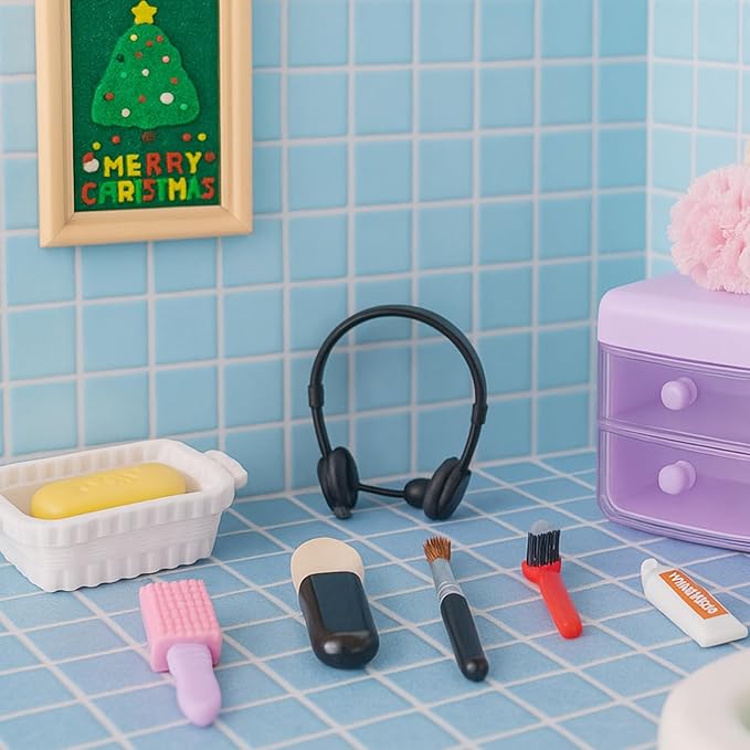 87Pcs Dollhouse Miniature Bathroom Accessories Cosmetic & Toilet Pretend Play Mini Makeup Set with Shampoo Perfume Hair Dryer Comb Purse Decor DIY Doll Backpack Glasses Photo Frame Salon Spa