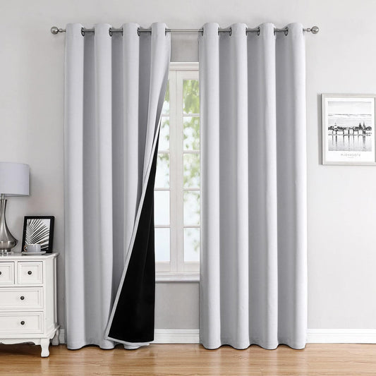 ChrisDowa 100% Blackout Curtains 108 inch Long for Bedroom with Black Liner, 2 Thick Layers Total Blackout Thermal Insulated Grommet Window Curtains 2 Panels Set (Greyish White, 52 x 108 Inch)