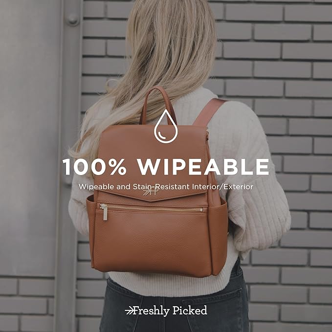 Freshly Picked Mini Classic Diaper Bag Backpack, Wipeable Vegan Leather, 8 Pockets Total (Cognac)