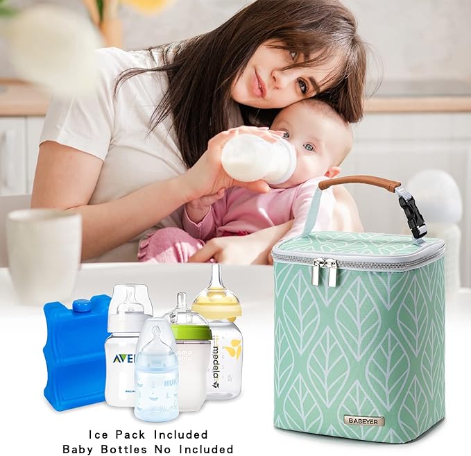 Breast Milk Cooler Bag with Ice Pack Fits 4 Baby Bottles Up to 9 Ounce, Baby Bottle Bag for Nursing Mom Daycare-Green