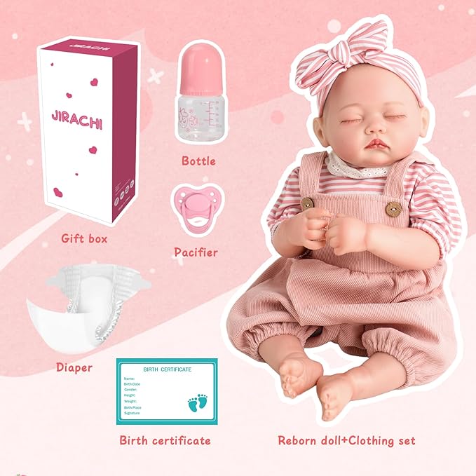 Jirachi Lifelike Reborn Baby Dolls Girl, 18-inch Full Vinyl Body Sleeping Newborn Real Baby Doll Adorable Pink Realistic Baby Dolls with Feeding Kit Gift for Kids Age 3+
