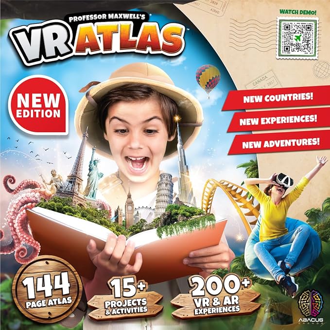 Professor Maxwell's VR Atlas - Virtual Reality Kids Science Kit, Book and Interactive Geography STEM Learning World Travel Activity Set (New Edition)