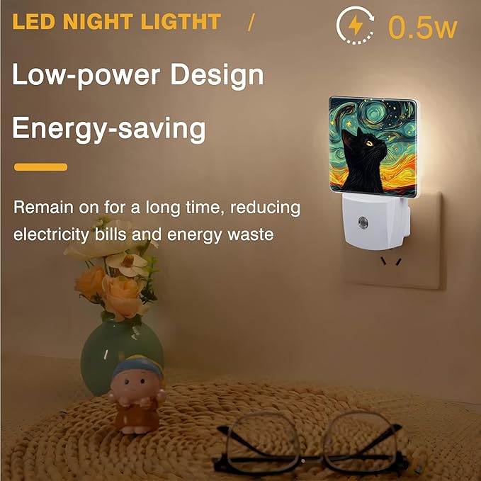 Starry Night Night Light Black Cat Watching Stars Night Lights Plug into Wall Smart Dusk to Dawn Sensor 0.5W Energy Efficient Led Lamp for Men Women Bedroom Bathroom Hallway Stairway Decor