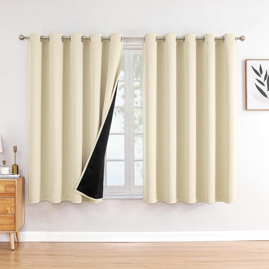 ChrisDowa 100% Blackout Curtains 63 inch Long for Bedroom with Black Liner, Extra Wide 2 Thick Layers Total Blackout Thermal Insulated Grommet Window Curtains 2 Panels Set (Light Beige, 60 x 63 Inch)