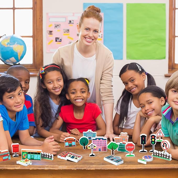 Kathfly 36 Pcs Wooden Community Helpers Community Wooden Toy Preschool Little Professionals Buildings Block Set Multicultural Buildings, Creative Play for Social Learning Educational Model