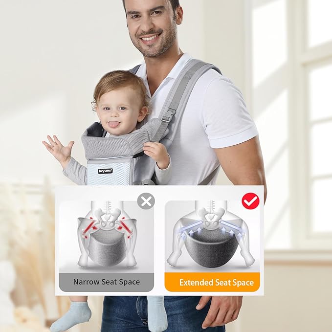 KIYUMI Baby Carrier with Hip Seat, 6- in-1 Baby Carrier Newborn to Toddler, Ergonomic M Position, Head Support and Breathable Mesh,Adjustable Removable Baby Sling Carrier (7-45 lbs), Grey