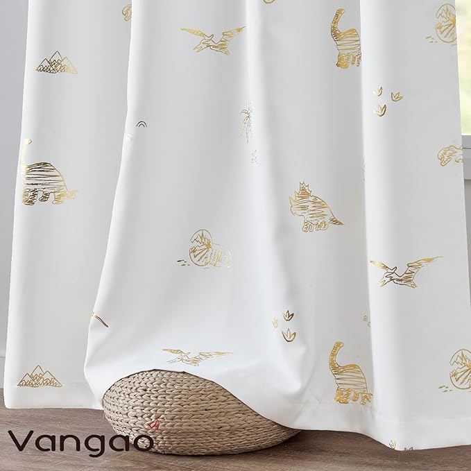 Vangao Kids Curtains White Drapes Dinosaur Curtains for Boys Kids Nursery Girls Room Golden Dino Foil Print Light Filtering Grommet Top Window Drapes 84 Inches Length 2 Panels