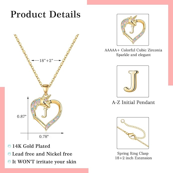 Hidepoo Unicorn Necklace Gifts for Girls - 14K-Gold-Plated Colorful CZ Heart Necklace Girls Jewelry Initial Unicorn Necklaces for Girl Birthday Gifts