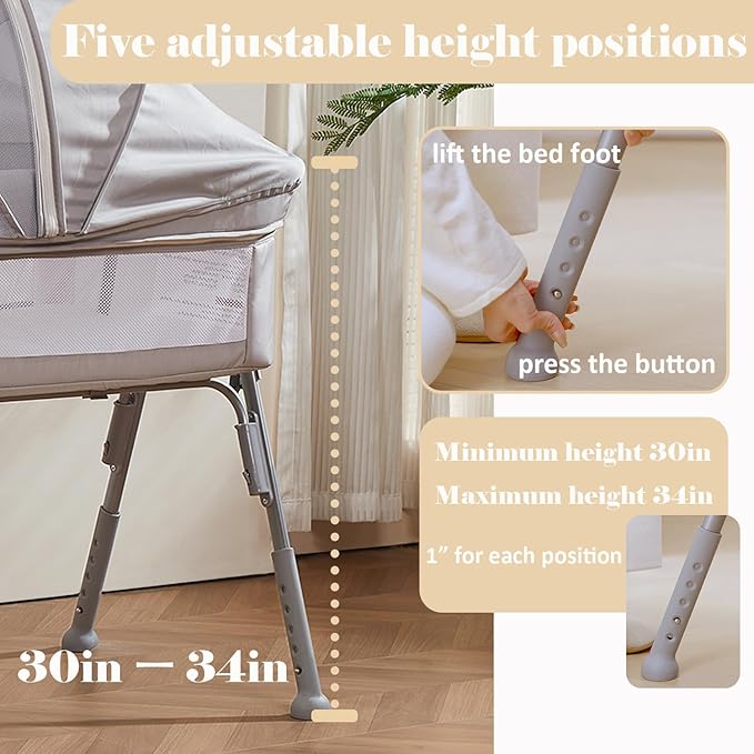 Baby Bassinet Bedside Sleeper Crib with Mattress 5-Level Adjustable Height, Breathable Mesh & Mosquito Net, Portable Folding Travel Cradle with Auto-Lock Wheels Light Grey