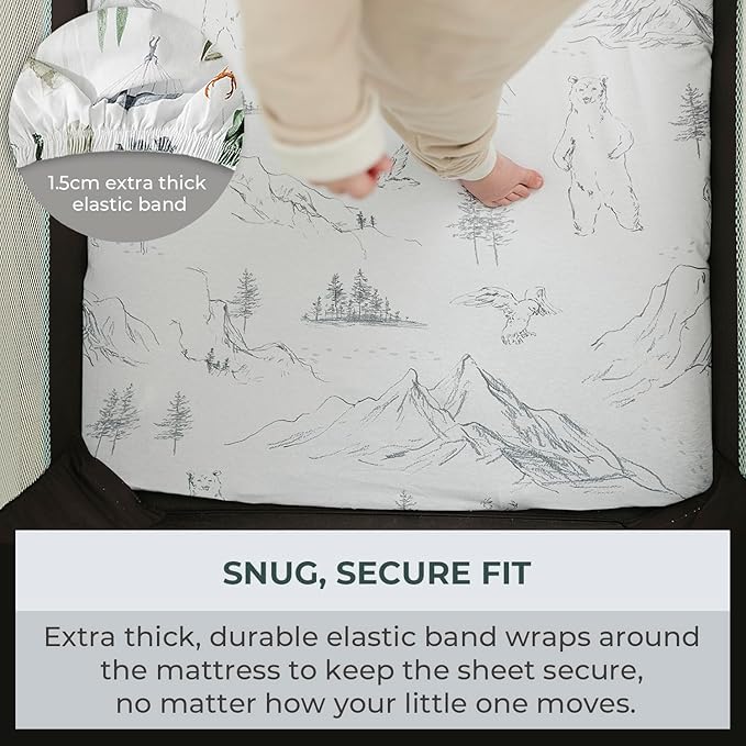 Pobibaby - 2 Pack Premium Pack N Play Sheets Fitted for Standard Pack and Plays and Mini Cribs - Ultra-Soft Cotton Blend, Stylish Woodland Pattern, Safe and Snug for Baby (Explore)