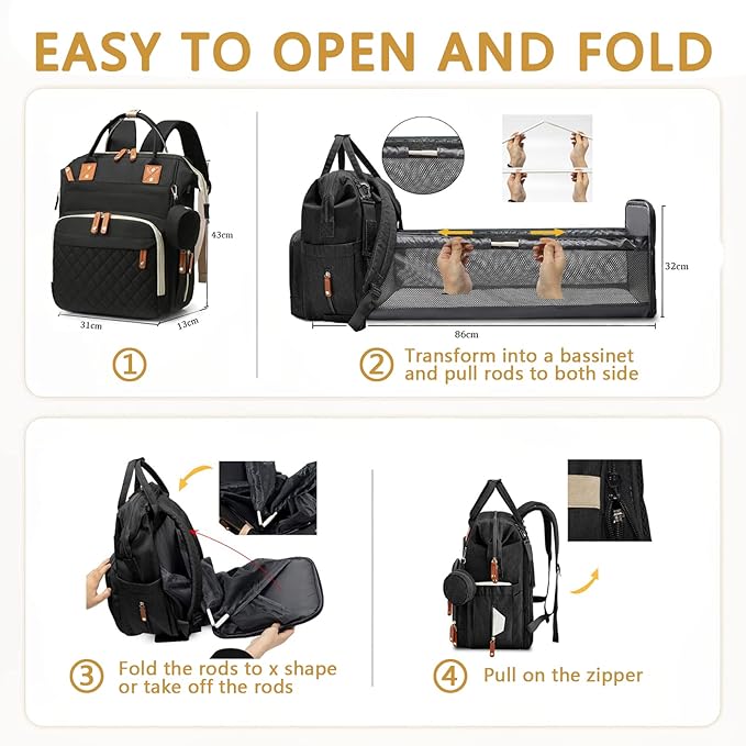 Diaper Bag Backpack with Changing Station Portable 3 in 1 Multifunction Backpack Travel mommy bag Stroller Black