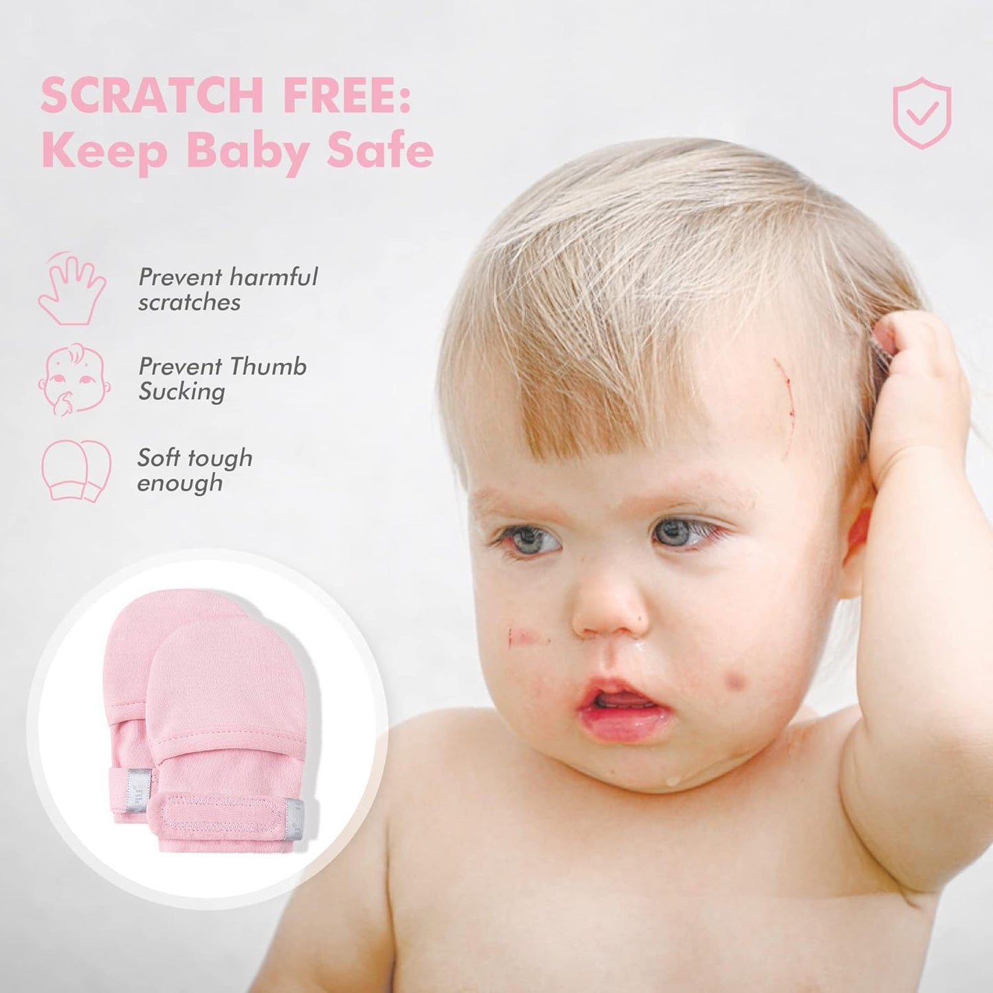 HAPIU Baby No Scratch Mittens Stay On, 100% Cotton Breathable, Adjustable Infant Gloves for Boys Girls, Newborn - 12 M