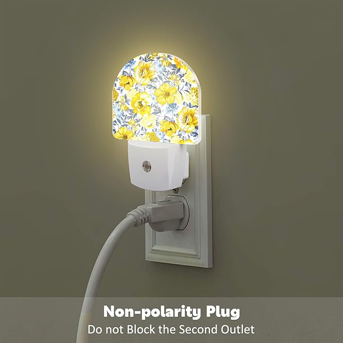 Retro Yellow Blue Flowers Night Light, Watercolor Floral Dusk to Dawn Night Light Plug in,0.5w Energy Saving Sleep Friendly NightLight for Kids Boys Girls Home Decor
