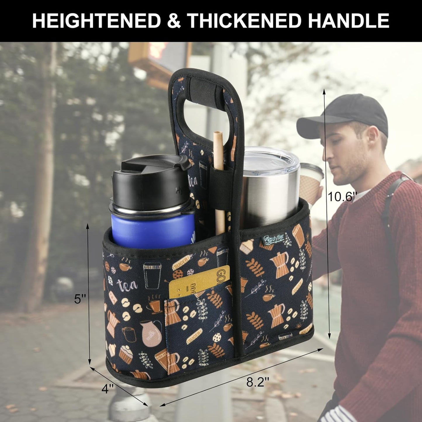 Beautyflier Drink Carrier with Handle for Delivery Reusable Insulated Coffee Cup Carrier Portable Cup Holder with Handle Organizer Tote Bag for Hot & Cold Drinks (2 Cup, Pattern3)