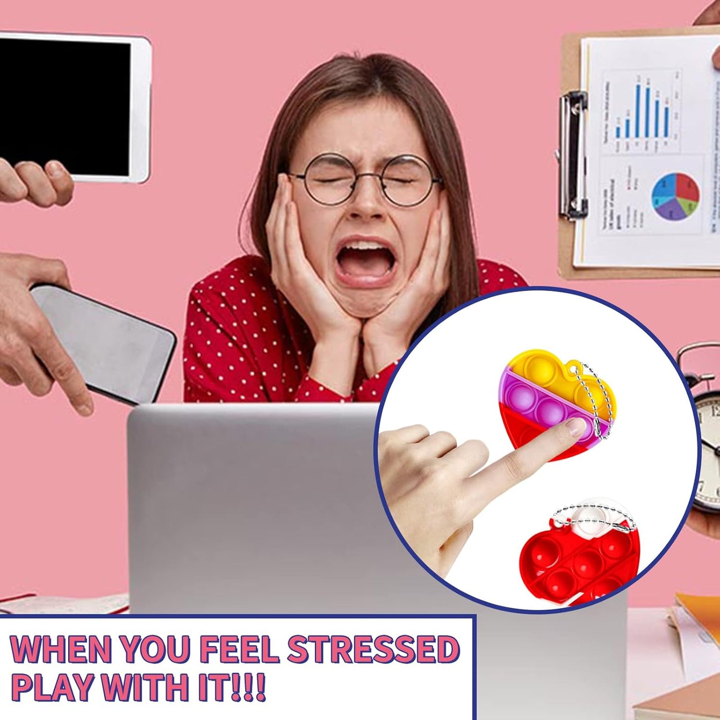 Valentine's Day Gifts for Kids Heart Mini Pop Push it Fidget Toy Keychain for Kids Adults, Party Favors Mini Pop Push it Bubble Fidget Sensory Toys Office Desk Toy（60pcs