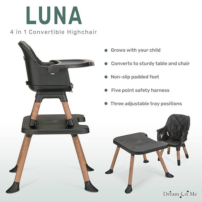 Dream On Me Luna 4-in-1 Convertible Baby High Chair in Black, Transforms into Booster, Toddler Seat & Table Set, Adjustable and Removable Tray Portable High Chair