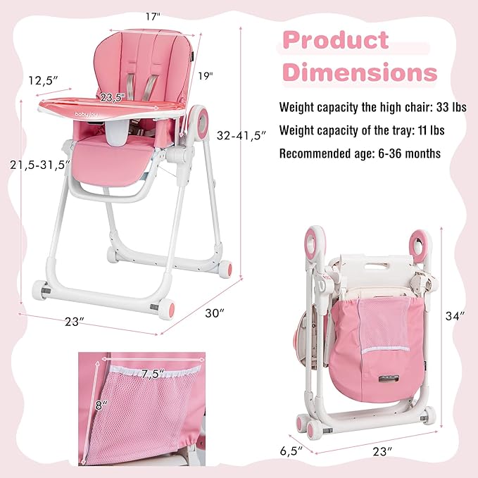 BABY JOY High Chair for Babies & Toddlers, Foldable Highchair with Adjustable Backrest/Footrest/Seat Height, Double Removable Trays, Detachable Seat Cushion, 4 Lockable Wheels (Pink)