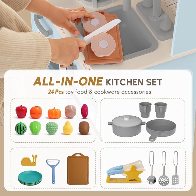 BIERUM Play Kitchen with Realistic Lights & Sounds, Wooden Kitchen Playset Chef Pretend Play Set for Toddlers, Toy Kitchen with 26 Pcs Toy Food & Cookware Accessories, Gift for Ages 3+