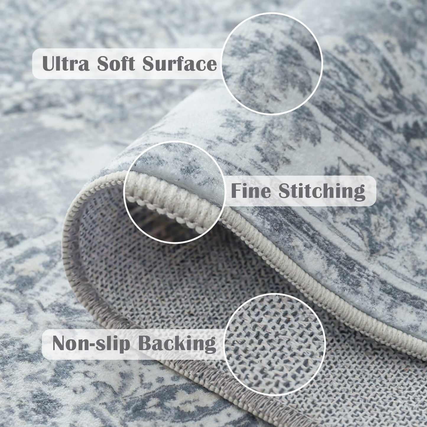 jinchan Runner Rug 2x6 Washable Hallway Runner - Vintage Floral Non Slip Low-Pile Soft Thin Kitchen Rug Distressed Carpet for Farmhouse Bedroom Entryway Laundry Room(2x6ft,Grey)