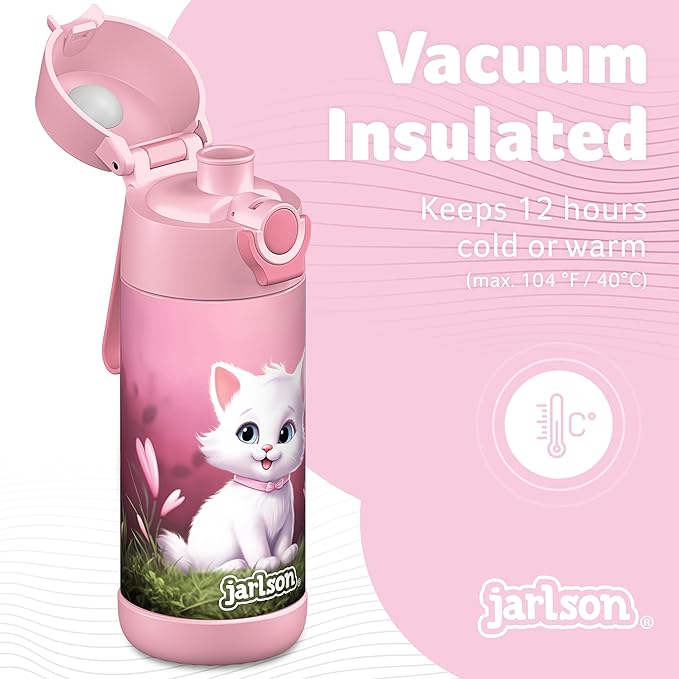 Jarlson® Mali Children's Water Bottle, Thermal Stainless Steel Water Bottle, BPA-Free, Leak-Proof, Children's Bottle with Chug Lid, Bottle for School, Nursery (Cat 2.0, 12 oz)