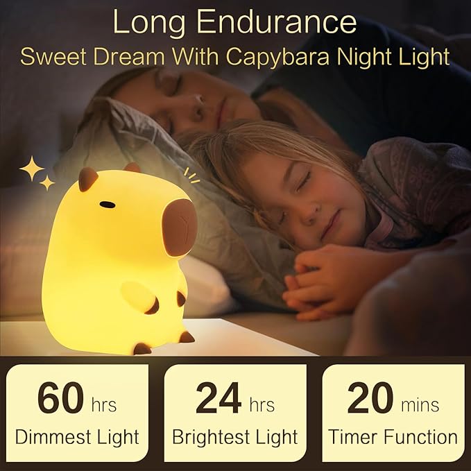 Capybara Cute Night Light, Squishy Capybara Lamp Xmas Gifts Toys, Rechargeable LED Dimmable Silicone Nightlight for Kids, Funny Light Up Capibara, Baby Nursery College Dorm Fall Décor