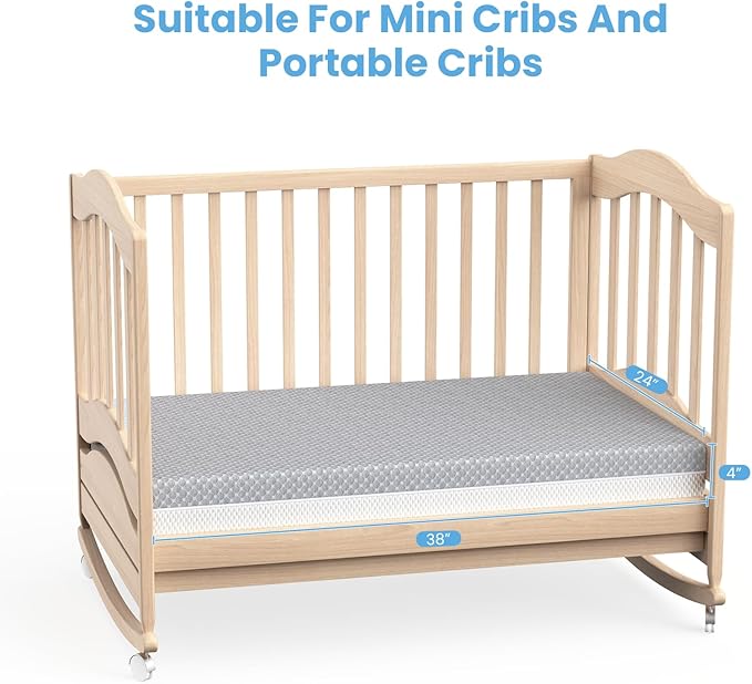 Mini Crib Mattress, 38x24X4 Inch Dual Sided Comfort Gel Memory Foam, Breathable Premium Baby Mattress for Mini and Portable Cribs w/Removable Outer Cover - White&Grey