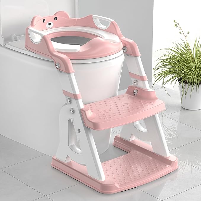 Potty Training Seat, Upgrade 2 in 1 Potty Training Toilet for Toddler, Toddler Toilet Seat for Boys Girls with Splash Guard, Anti-Slip Pad and Step Stool (Pink)