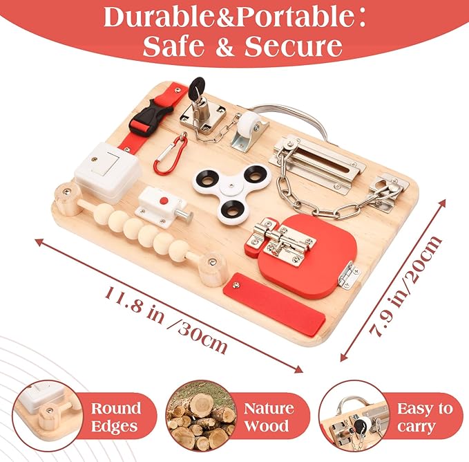 Montessori Busy Board for Toddlers - Wooden Educational Fidget Toys - Autism Sensory Products - Activity Board for Kids Baby Boys Girls, ADHD- Fine Motor Kids Travel Toys