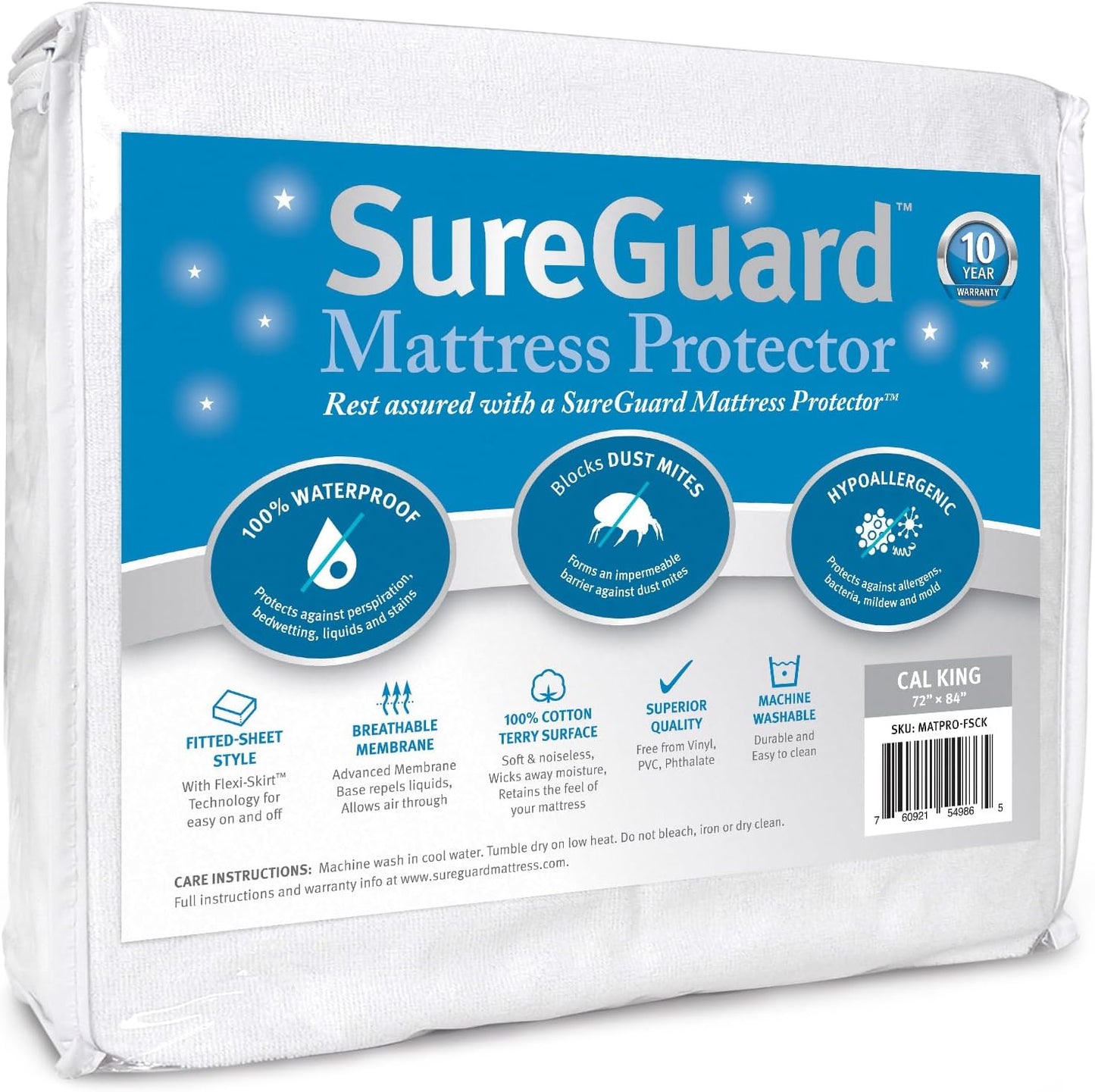 SureGuard California King Mattress Protector - 100% Waterproof, Hypoallergenic - Premium Fitted Cotton Terry Cover White