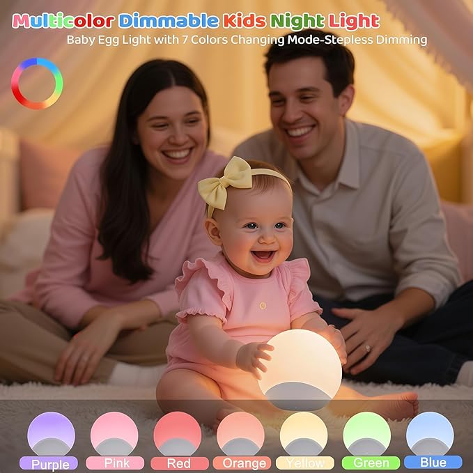 IYT Night Light for Baby,Kids Egg Light Stepless Dimming Touch Night Lamp,7 Colors Dimmable Eye Friendly Silicone Touch Lamp for Breast Feeding,Toddler Kids Bedroom Light,30 Min Hour Timer,BPA Free