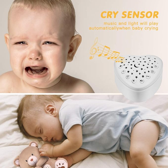 BEREST Rechargeable Baby Sleep Soother Bear, Mom's Heartbeat & Lullabies, White Noise Sound, Nursery Decor Night Light Projector, Toddler Crib Sleeping Aid, Baby Shower Gifts