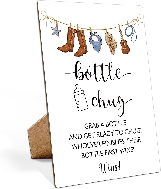 Baby Shower Games Bottle Chug Sign-8x11 Inches West Cowboy Wooden Sign Baby Gift for Baby Shower Gender Reveal Party, Gender Neutral Baby Bottle Shower Party Games Favors Supplies-11