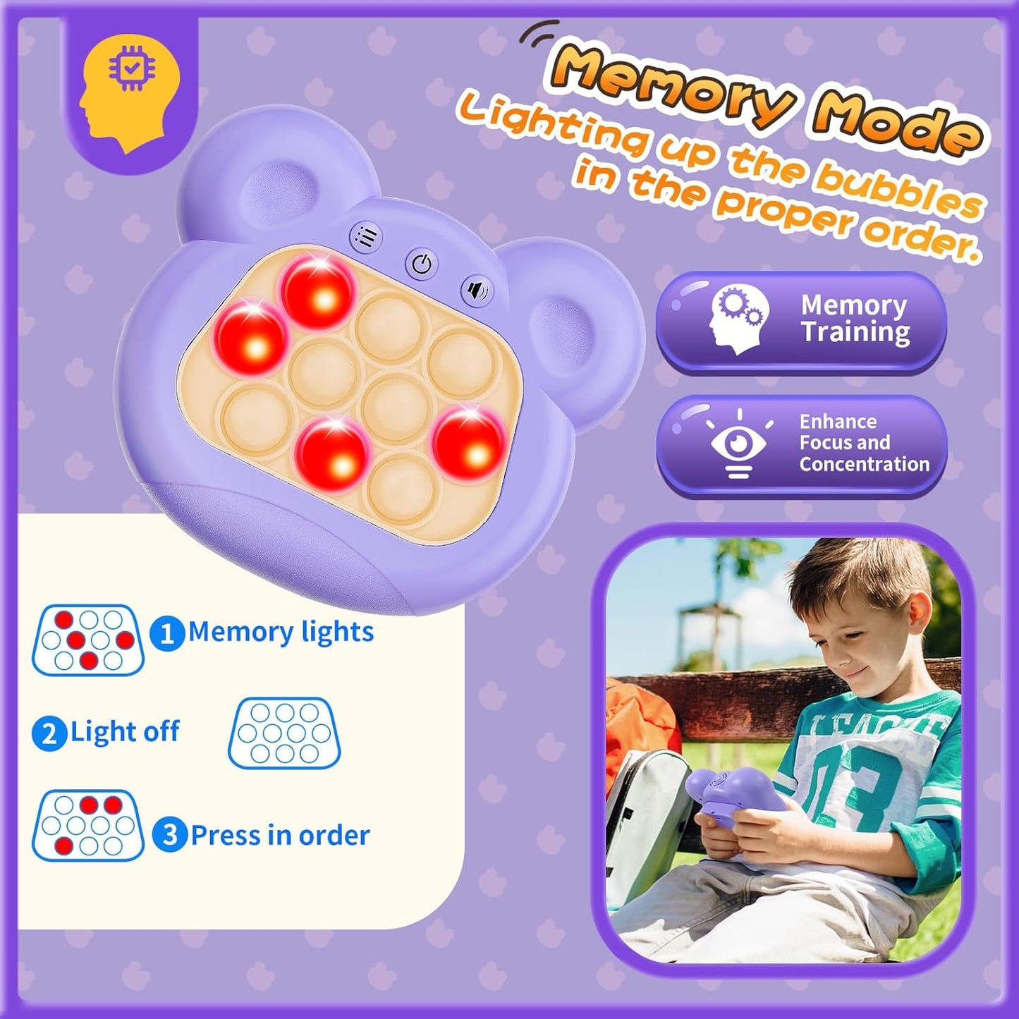 Fast Push Bubble Game, Light-up Pop Game Fidget Toys for Kids and Adults, Electronic Handheld Games, Stress Relief Toys for 6 7 8 9 Year Old Boys & Girls (Purple)