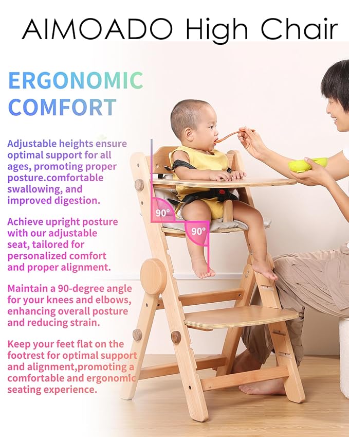 Toddler High Chair Wooden, Baby Highchair with Adjustable Tray and Foot Rest, Folding Wood High Chair for Dining, 6 Months up to 300 Lb