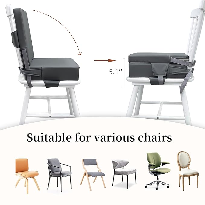 Booster Seat for Dining Table, PU Anti-Scratch Easy Cleaning Kids Toddler Booster Seat for Table, Portable Travel Increasing Cushion for Chair - Dark Grey
