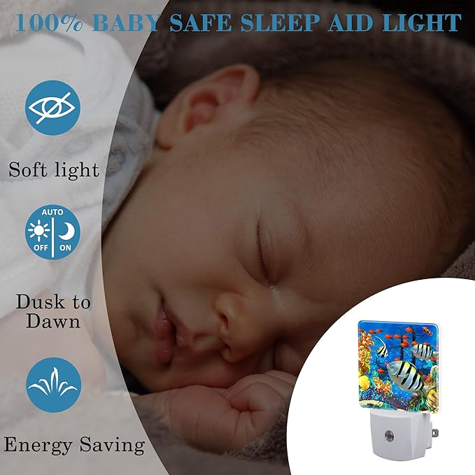 Cartoon Colorful Underwater World Night Light Plug into Wall with Dusk to Dawn Sensor Cute Nightlight for Kid Girls Boys Women Men Room Decor, Hallway, Kitchen, Bathroom, Nursery, Stairs