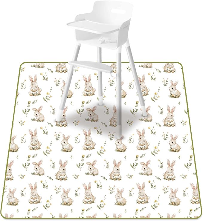 Baby Splat Mat for Under High Chair, 51 x 51 Inch Wipeable Splash Mat，Floor Protector，Wipe-Clean Tablecloth and Playing Mat (Rabbit)
