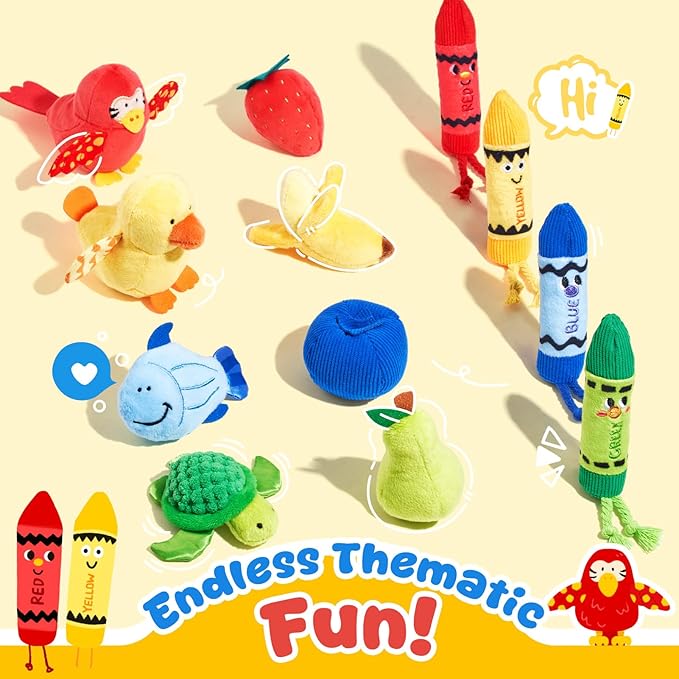 JoyCat Baby Toys 6-12 12-18 Months, Montessori Sensory Toys for 1 Year Old, 12 PCS Pushies with 4 Color Sorting Boxes, Animals Fruit Crinkle Crayon - Whats Inside Boy Girl