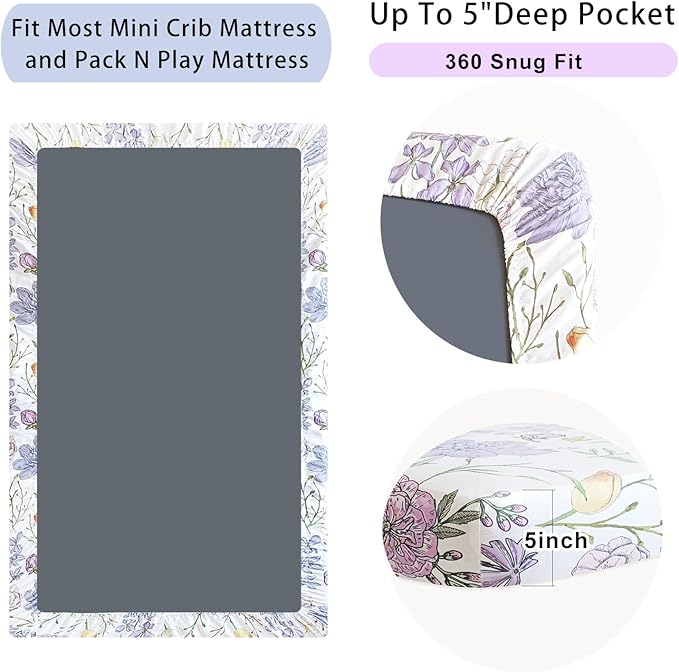 AMROSE 3 Pack Soft Mini Crib Sheets, Microfiber Pack N Play Sheets Set for Baby Girls, Silk Touch Gentle Playard Sheet Portable Crib Sheet, Violet