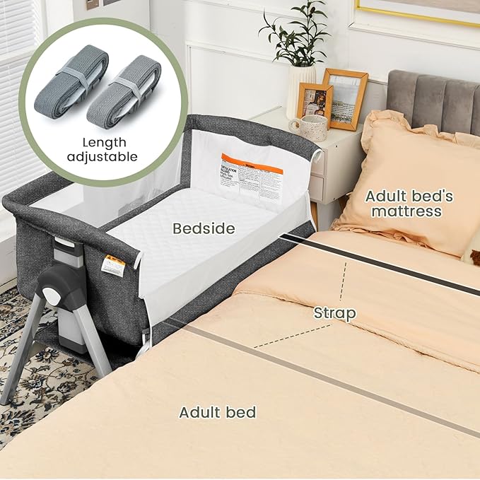 INFANS Baby Bassinet Bedside Crib, Newborn Sleeper w/Large Storage Basket, Adjustable Heights, Detachable &Washable Mattress, Breathable Mesh, Straps, Easy Moving Bed Side (Misty Grey)