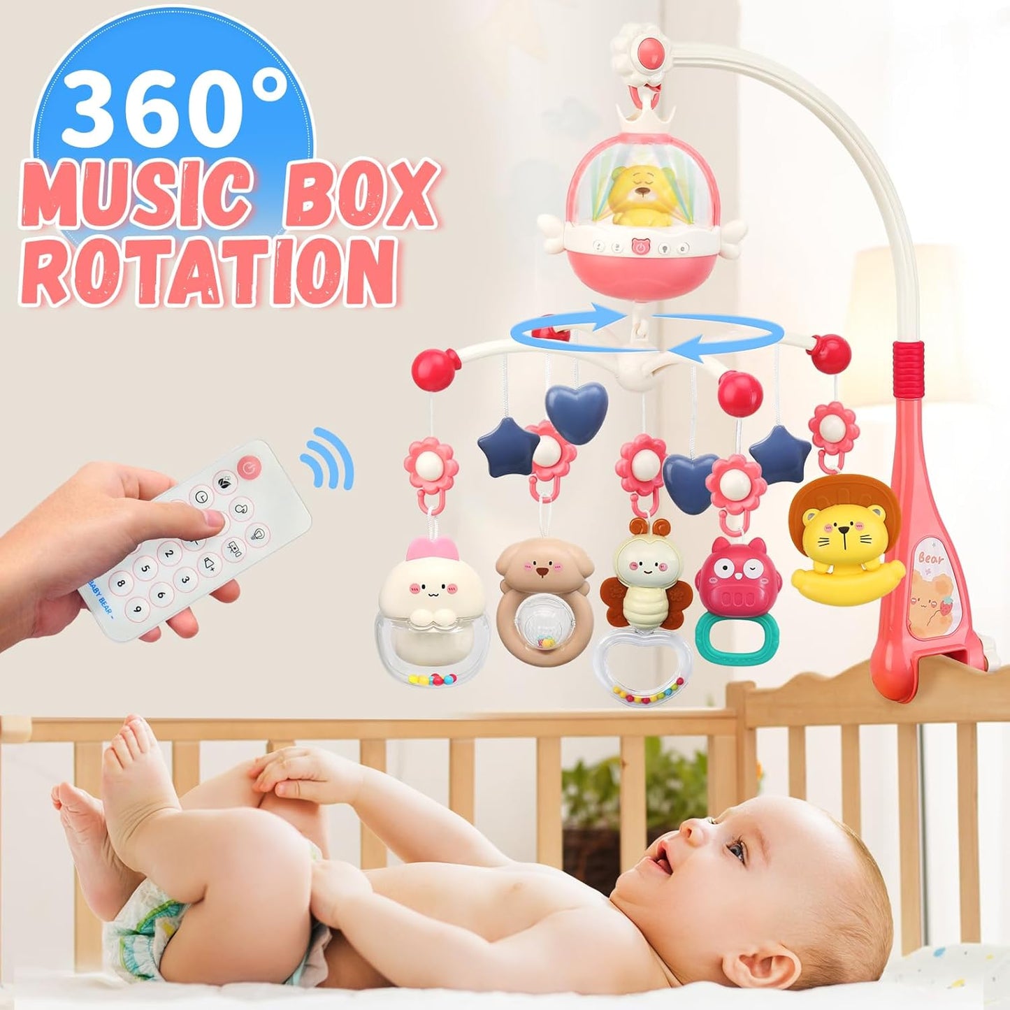 Baby Crib Mobile with Night Lights and Music,Hanging Mobile for Crib Bassinet with Rotation, Projection,Remote Control,Babies Crib Toys for Nursery Newborn Infant Boys Girls (Pink)