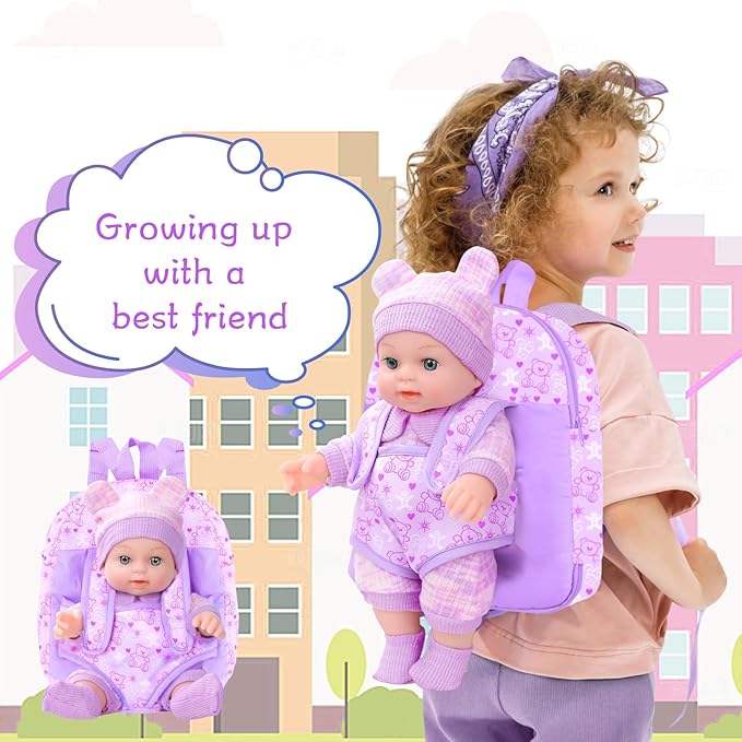 12'' Baby Doll with Bear Pattern Backpack in Gift Box,Including Clothes Accessories, Backpack, Baby Bottle, Pacifier, Hat, Socks, and Handkerchief for 3+ Child Girls Gifts
