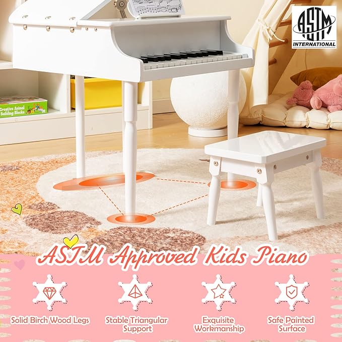 Goplus 30-Key Classical Kids Piano, Mini Grand Piano Wooden Learn-to-Play Musical Instrument Toy with Bench, Piano Lid, Music Rack, Gift for Boys Girls Aged 2+ Baby Toddler(3 Straight Leg-White)