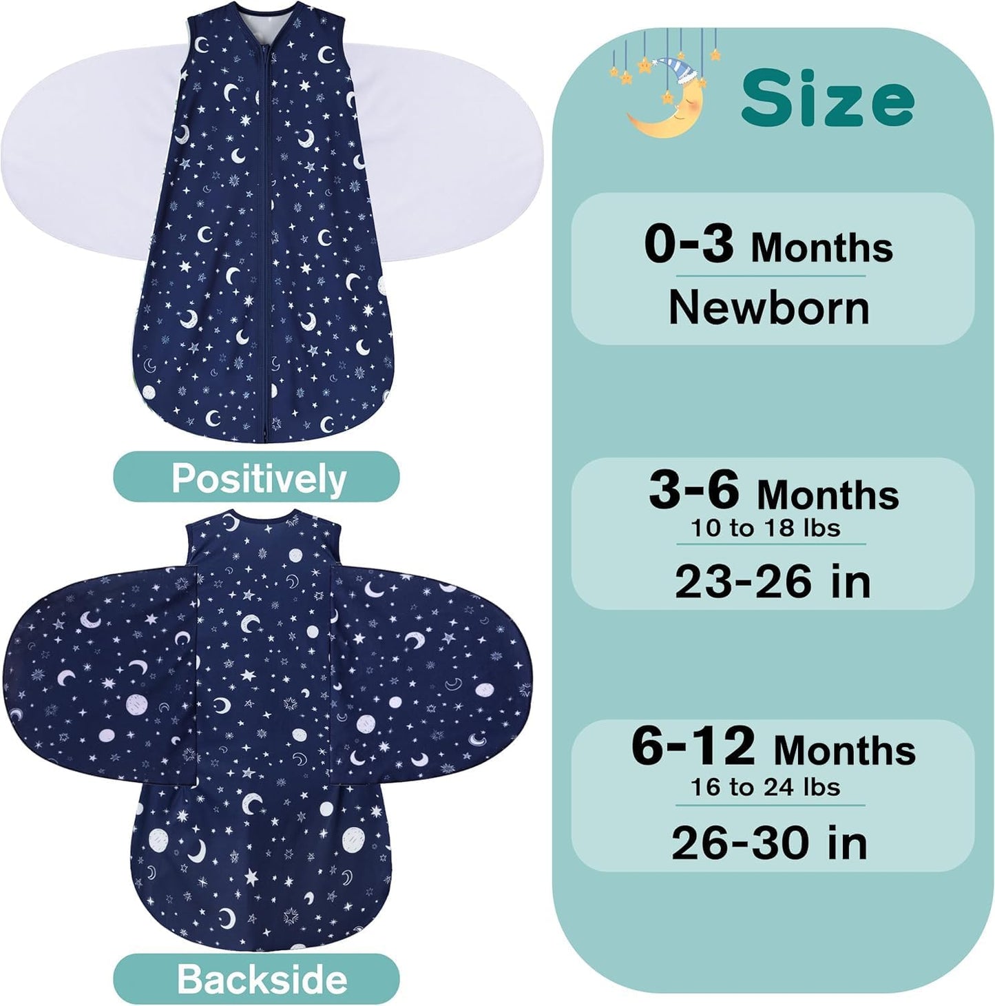 Newborn Sleep Sack Baby Swaddle,Swaddle me 0-3 Month,3-Way Adjustable Wearable Blanket,100% Rayon Cotton Swaddling Sleeping Bag，TOG 0.5 (Starry Sky, 0-3 Months)