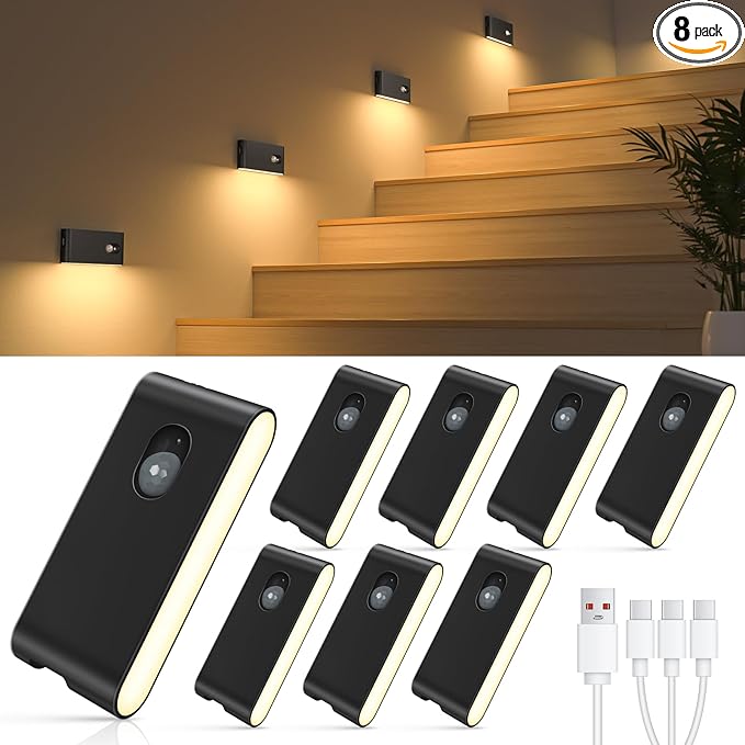 WILLED Stair Lights Indoor, Wireless Motion Sensor Light Indoor, Rechargeable Night Lights for Stairway, Hallway, Kitchen, Closet, Cabinet, Bedroom, Kids' Room(8-Pack)