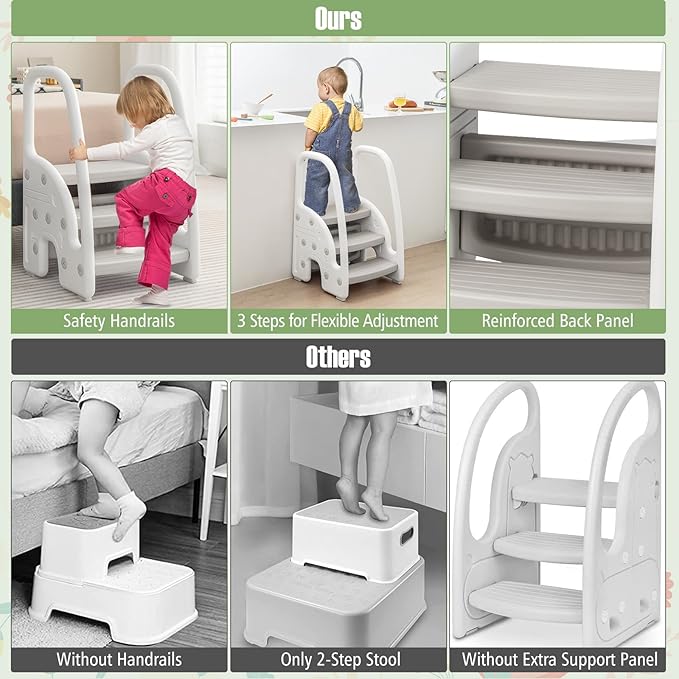 HONEY JOY Kitchen Step Stool for Toddlers, Children Plastic Tower Helper w/Handrails for Bathroom Sink, Toilet Potty Training, Adjustable 3 Step Kids Learning Standing Tower for Kitchen Counter(Gray)