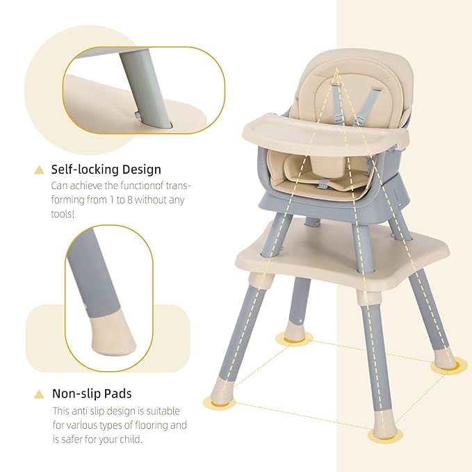 8 in 1 Baby Highchair, Convertible High Chair for Babies and Toddlers, Booster Seat w/5-Point Safety Belt, Toddler Building Block Table, Dishwasher Safe Tray, No Tool Install, Coffee