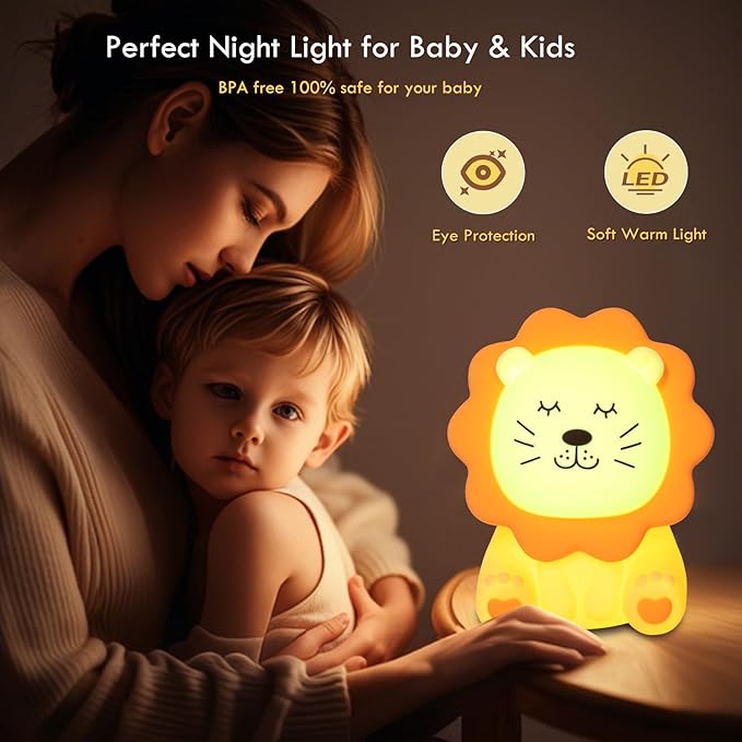 Night Light for Kids, 7 Colors Soft Silicone Kids Night Light with 3 Level Dimmable, Rechargeable Anti-glare Nursery Night Light with Warm White & Multicolor, Squishy Cute Lion Bedside Touch Lamp